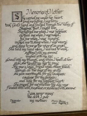 Hand Lettered "Memories of Mother" Poem, Vintage 1985 Wall Decor, Wood Frame